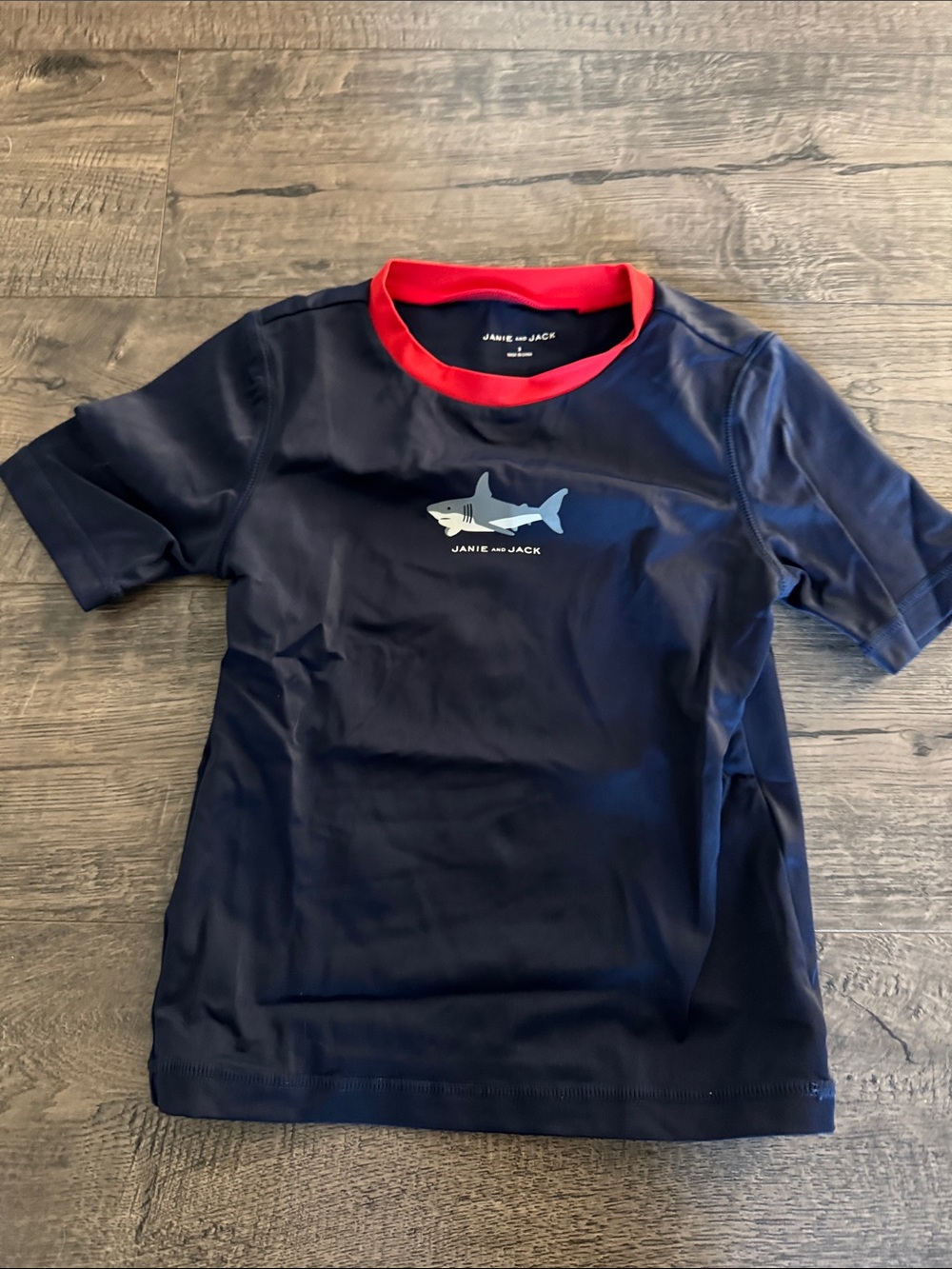 Janie and Jack Navy Swim Rashguard with Red Collar and Shark Graphic